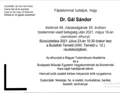 Elhunyt Dr. Gál Sándor Állami-díjas akadémikus, Kar korábbi dékánja, professor emeritus